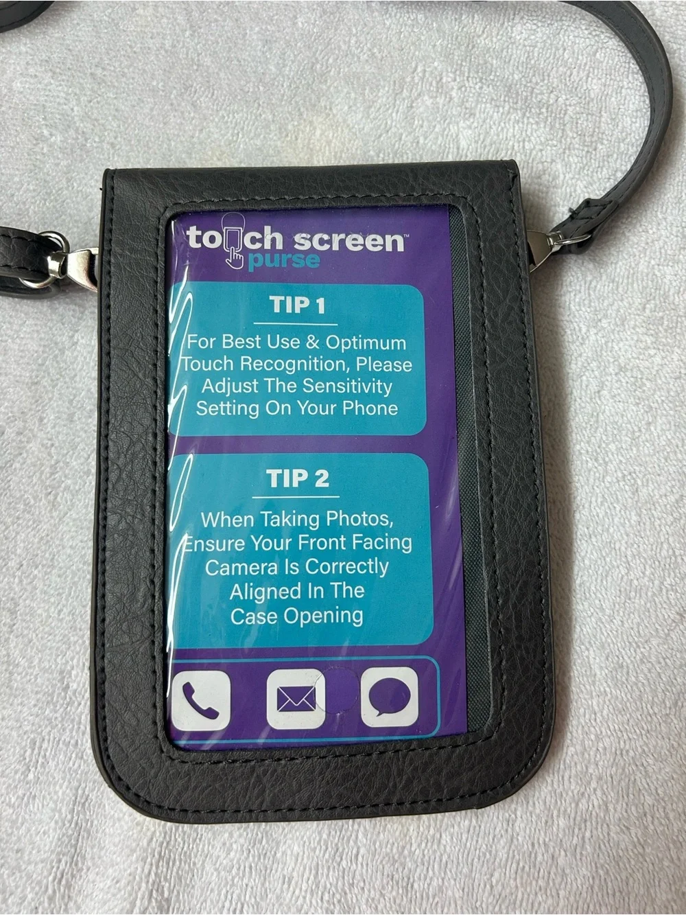 Touch Screen Gray Crossbody Phone Pouch with Silver Turn-Lock